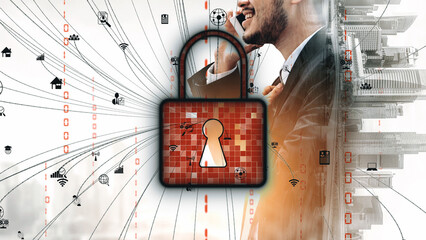 A businessman stands against a modern digital backdrop, emphasizing cyber security and data protection through a padlock, highlighting technology and communication in business. Xenic