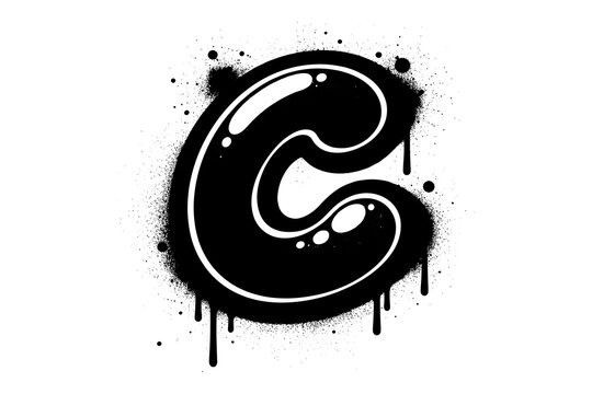 Dripping graffiti style black paint splatter letter c with urban art texture