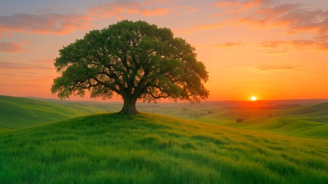 Large deciduous tree standing alone on a vibrant green hilltop during a golden sunset. Picturesque landscape of rolling hills and meadows under a colorful sky