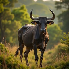 Dark Horned Cow Standing in Grassy Field at Sunset