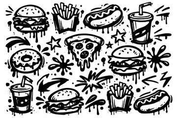 Graffiti style fast food doodles with burgers, soda, and pizza in black and white