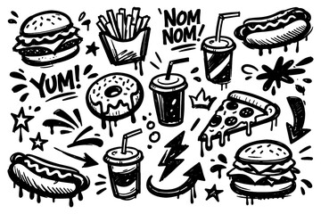 Playful doodle style fast food icons: burgers, pizza, and more