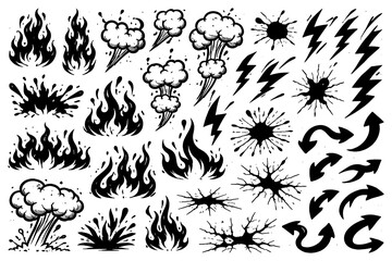 Obraz premium Dynamic set of black and white explosion and fire elements with lightning and smoke effects