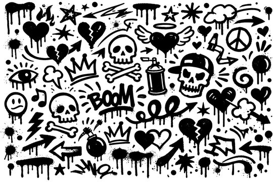 Graffiti art collage with skulls, hearts, and symbols in bold black ink