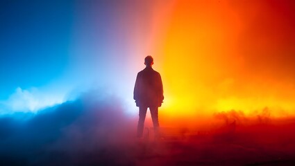 Obraz premium A silhouette of a man standing alone on a foggy ground with a vibrant colorful sky in the background at sunset