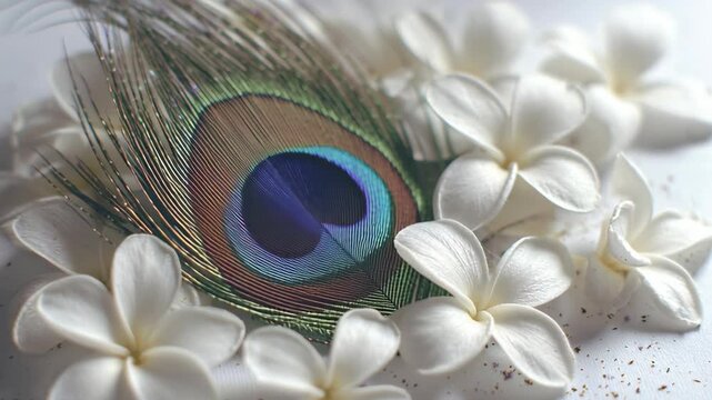 Elegant Peacock Feather Featuring Lord Krishna Symbols Surrounded by White Flowers for Spiritual and Cultural Themes janmashtami