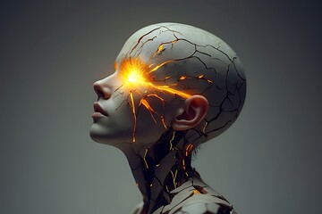 A surreal 3D rendering of a bald human head with cracks and orange glowing lines on a gray gradient background