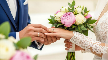Close up shot of a groom putting a wedding ring on the bride's finger with a beautiful bouquet of pink and white peonies and roses in the foreground