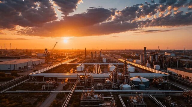 Large-diameter transmission pipelines converging toward petrochemical processing facility at sunset. Wide-angle perspective