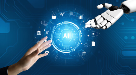 The core of FinTech and modern business is AI. A concept of using artificial intelligence for banking, investment, and data analysis. Motif