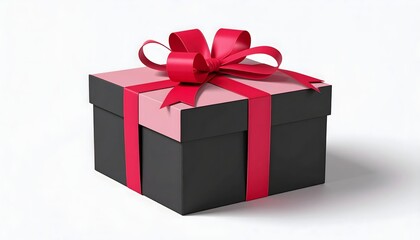Obraz premium Elegant black gift box with red ribbon and bow on white background
