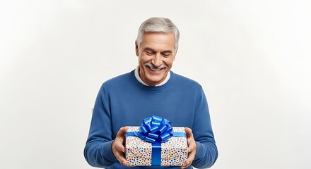 Smiling older man in blue sweater holding a colorful present with a blue bow on a white background