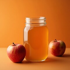 Fresh Apple Juice in Glass Jar with Two Red Apples on Orange Background