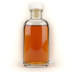 Glass Bottle Filled with Amber Liquid Against Neutral Background