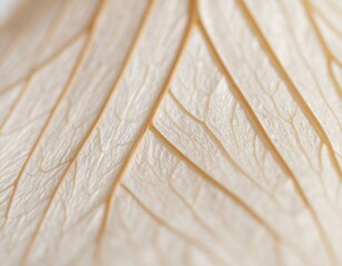 Close-up of translucent, intricate, beige-toned leaf with prominent vein structure