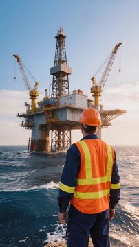 Platform worker in safety gear observing offshore drilling rig from supply vessel. Mature man wearing orange hard hat and reflective vest monitoring jackup platform in open ocean
