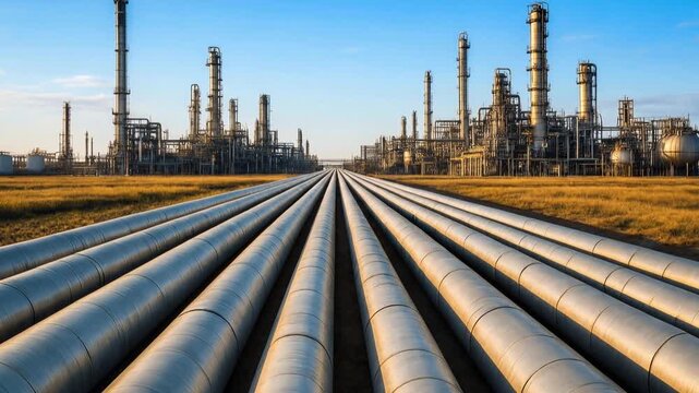 Parallel pipelines converging toward refinery complex with distillation towers. Wide shot with linear perspective composition.