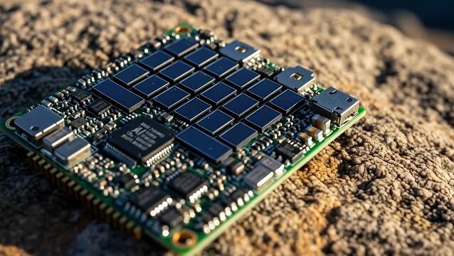 Cinematic Closeup of AI Processor Module on Dry Desert Rock