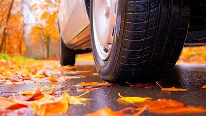 Car tire on wet road with autumn leaves on ground in fall season with trees and road in background  closeup