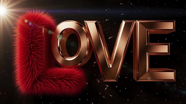 Love lettering in golden metallic font with red feather texture in dramatic dark lighting for valentines day greeting
