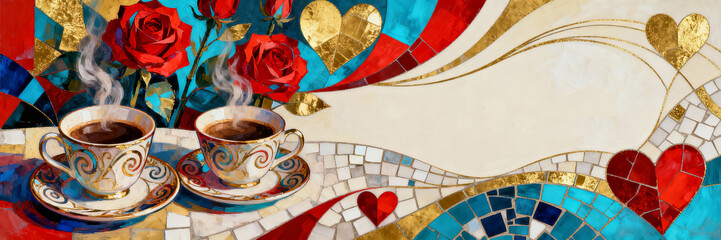Ultrawide painting of two coffee cups on a vibrant mosaic background with roses and hearts, with copy space for text