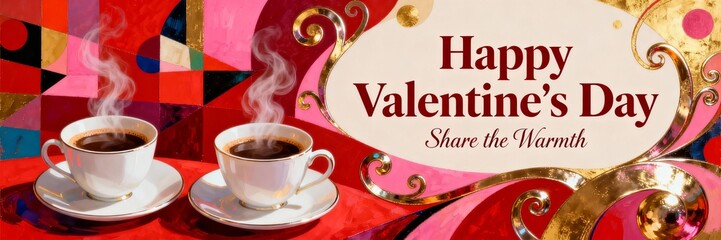 Painting of two white steaming coffee cups on a vibrant red and gold background with 'Happy Valentine's Day' and 'Share the Warmth' greetings - ultrawide banner