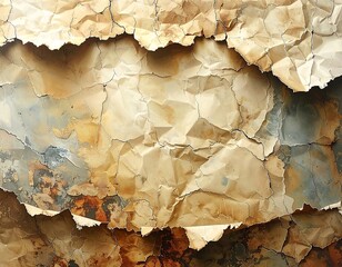 Close-up view of aged, textured paper with tears, folds, and discoloration
