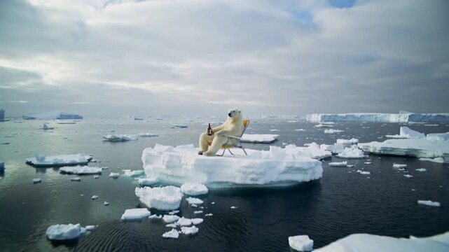 Polar bear sitting in beach chair drinking beer on ice floe. Surreal arctic scene with animal relaxing in frozen environment. Backward camera movement and wide shot.