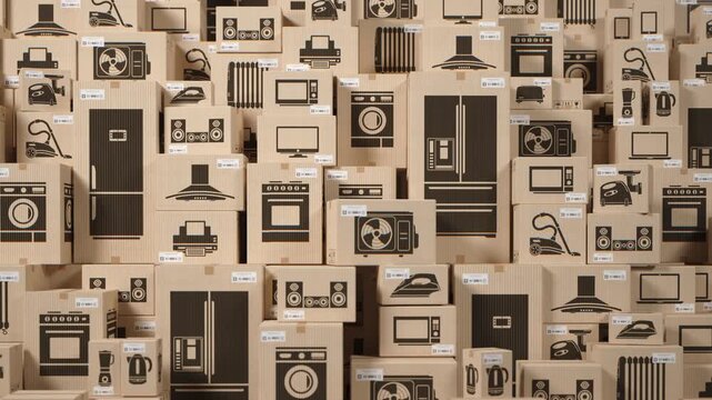 Household appliances and electronic devices in cardboard boxes in warehouse