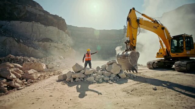 Construction worker wiping sweat from forehead at stone quarry. Heavy industry laborer standing in dusty environment with excavator. Zoom out wide shot.