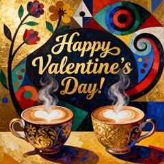 Colorful Valentine's Day greeting card with two luxurious steaming cups of cappuccino against a vibrant abstract decorative backdrop