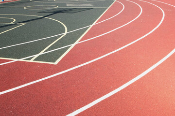 Sport floor. Interior of empty modern indoor sport court, coating Crumb rubber flooring, artificial. Sports surface with different marking lines. Recycled rubber Athletic field. Run track markup. 4K