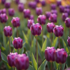 Fototapeta premium Sunlit meadow filled with purple tulips exudes a magical charm