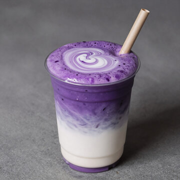 Takeaway cup filled with iced purple ube taro latte featuring milk swirl