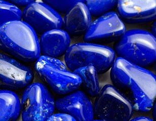 Close-up of polished, royal blue gemstones with speckled gold inclusions, tightly packed