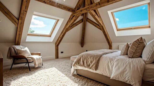 Cozy Attic Bedroom with Wooden Beams and Skylights
