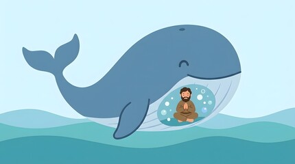 Cartoon Illustration of Prophet Jonah Praying Inside the Whale