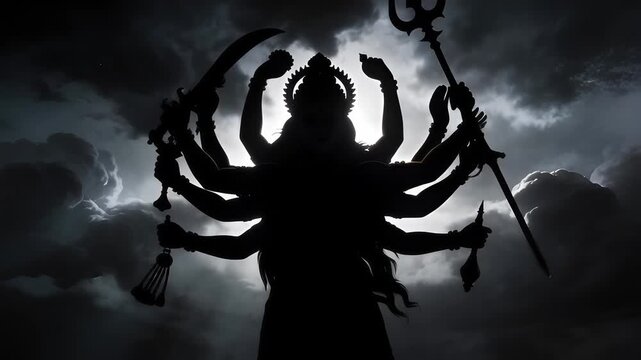 Silhouette of Goddess Durga with multiple arms against a dramatic cloudy sky, symbolizing power and divine strength.