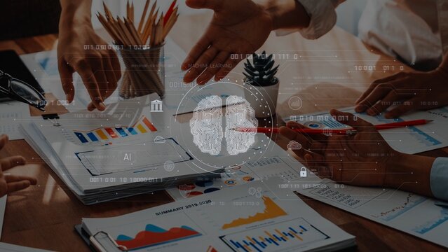 Engaging scene of a business meeting focused on collaboration and data analysis, showcasing hands working over documents and technology concepts in an office setting. Raster - Powered by Adobe