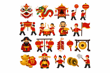Fototapeta premium Chinese New Year Icon Pack Illustrating Ceremonial Procession Elements Flat Vector