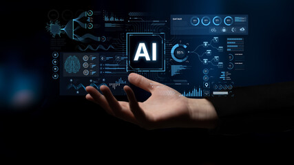 A futuristic AI dashboard for business intelligence. This platform showcases advanced data analytics, processing complex information into visual charts and graphs for strategic insights. Fermion