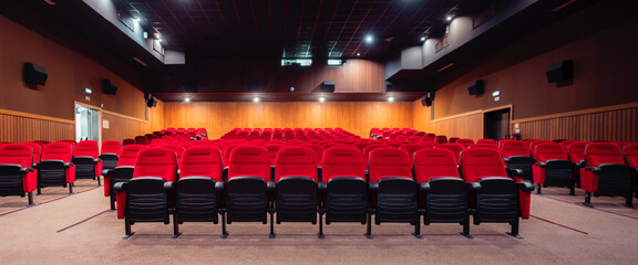Low-key wide-angle shot of an empty modern cinema auditorium with rows of red plush seats, wide angle symmetrical view from front, warm wood walls, ceiling lights, ready for movie screening
