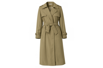 Khaki trench coat with belt on a transparent background, representing timeless fashion, weather protection, and style