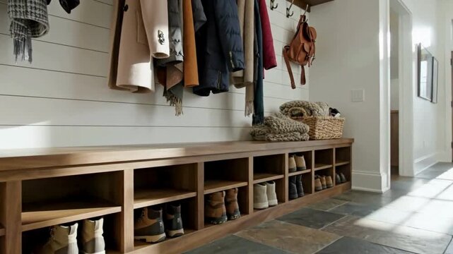Mudroom Bench with Shoes and Coats