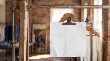 A piece of blank white paper for sale promo clipped to a wooden hanger on a simple rack
