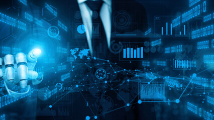 A futuristic robotic hand interacts with virtual data visualizations in a business setting, symbolizing the integration of technology and data analytics. Xenic