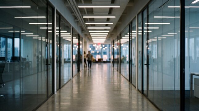 A view down a long hallway in a modern office building, featuring glass walls and fluorescent lights. Defocused background