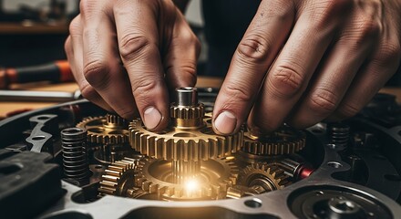 Close-up of hands assembling intricate gears in a mechanical device with a glowing light.