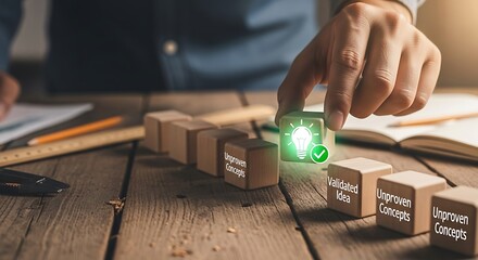 Businessman arranging wooden blocks with glowing checkmark, symbolizing successful business strategy and improvement concepts.