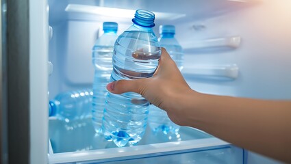 Hand holding plastic water bottle from refrigerator with other bottles inside chilled storage